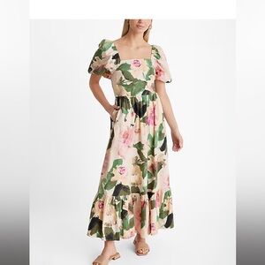 Express Floral Square Neck Puff Sleeve Tiered Poplin Maxi Dress